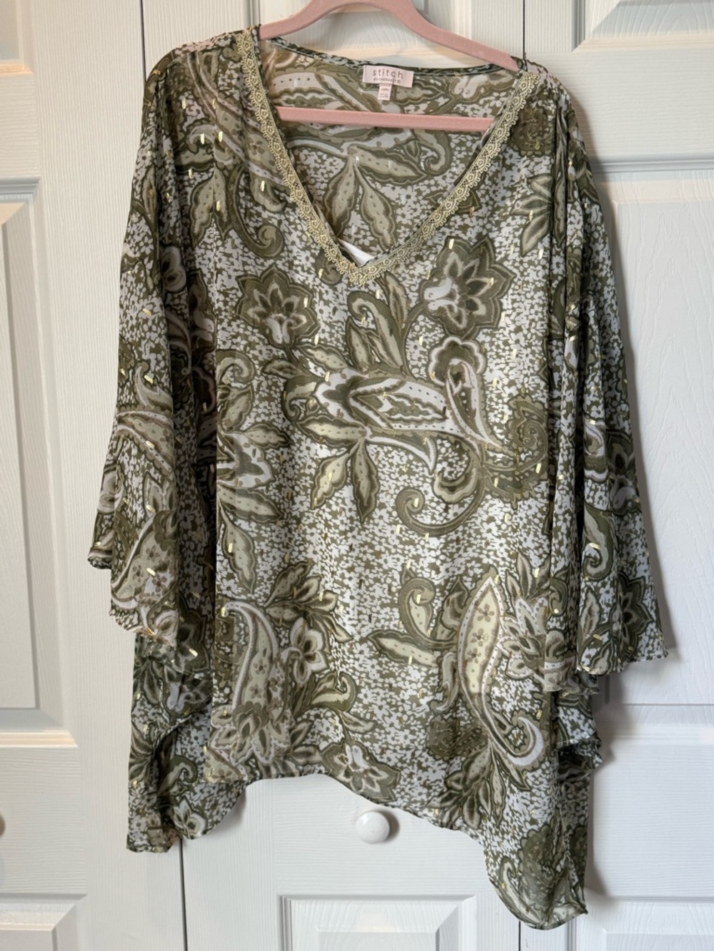 # Olive & Gold XXL Paisley V-Neck Poncho Style Top